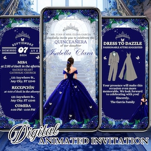 Royal Blue Quinceanera Invitation, XV Video Invite, Animated Quinceanera Invitation, 15 Anos, Digital Quince Invitations, Quinceanera Evite