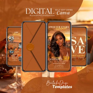 Könnte beinhalten: Ein digitales animiertes Einladungsvorlagen-Set auf vier Smartphones. Die Bildschirme zeigen einen braunen Umschlag mit Wachssiegel, Veranstaltungsdetails, ein Porträt mit dem Text "SWEETER EVERY summer" und "MADISON'S 30" sowie eine "SAVE THE DATE"-Grafik.