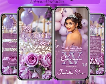 Lila Quinceanera Einladung Digital: Animierte Mis XV Anos, 15. Geburtstag Einladungsvorlage, Lila Quitte Video, Lavendel Save the Date Evite