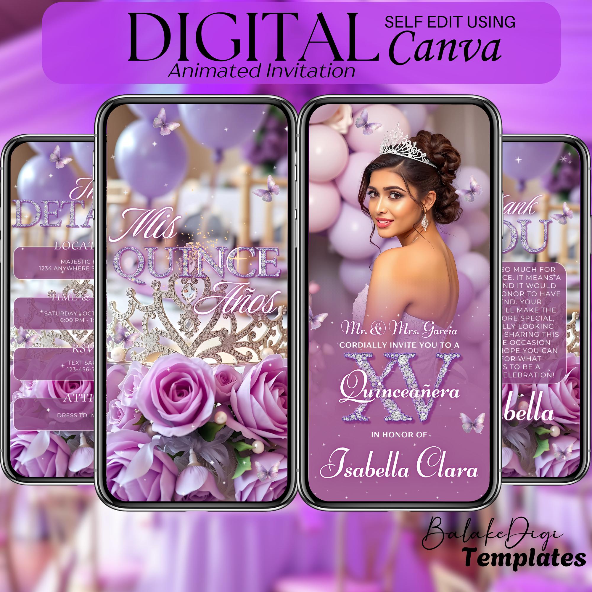 Lilac Quinceanera Invitation Digital: Animated Mis XV Anos, 15th ...