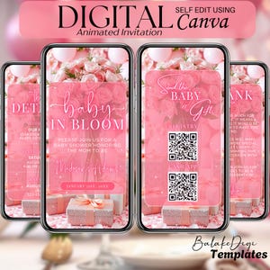 Può includere: Un invito digitale rosa e bianco per un baby shower. L'invito presenta un design floreale con il testo "baby in bloom" e un codice QR per il registro. Il testo "Send the baby a gift" è incluso anche.