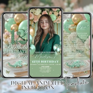 12th Birthday Invitation, Sage Green Invite, Girl Party Favors, Birthday Dinner Invitation, Animated Birthday Invitation, Birthday Evite