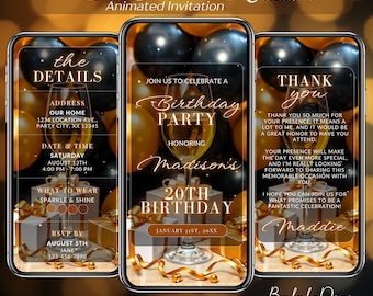 Gold and Black Video Invite: Animated Birthday Dinner Invitation, Canva Birthday Video Gold, Digital Birthday Save the Date, Birthday Evite