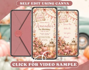 Pink Little Pumpkin Birthday Video Invitation Mobile Evite, Animated Floral Autumn Farm Harvest Party Girl Garden Thanksgiving Online Invite