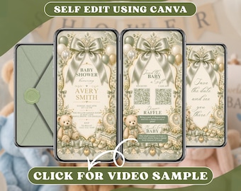 Sage Green Teddy Bear Baby Shower Digital Invitation Template, Green Bow Party Invite, Gender Neutral Reveal, Animated Mobile Video Evite