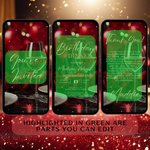 May include: A green and white digital invitation for a 30th birthday dinner party. The invitation features a glass of wine and the text "You're Invited" and "Birthday Dinner Celebrating Madison Adeus 30th Birthday Saturday at 1:00 PM August 13, 2018 125 Joyful St Sunny Pines, FL 67890 RSVP Text Madison 123-456-7890".