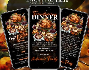 Uitnodiging Thanksgiving-diner, uitnodiging herfstfeest, digitale download, geanimeerde uitnodigingen, Friendsgiving-feest, video-avond, Canva Save the Date