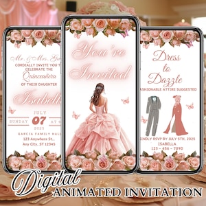 Blush Pink Quinceanera Invitation, XV Video Invite, Animated Quinceanera Rose Gold, 15 Anos, Digital Quince Invitations, Quinceanera Evite