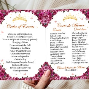 Hot Pink Floral Quinceanera Program Template: XV Order of Events, Padrinos List for 15th, Mis Quince Anos, Printable Bi-fold 4 Pages Booklet