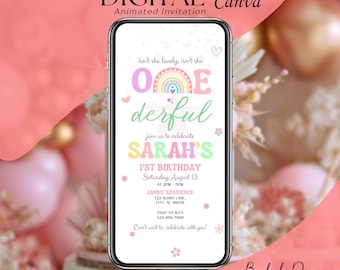 Isn't She One Derful 1st Birthday Invitation, Pastel Rainbow Daisy Flowers, Animated Video Evite, Editable Canva Template, Pink + Mint Party