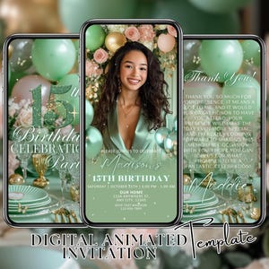 15th Birthday Invitation, Sage Green Invite, Girl Party Favors, Birthday Dinner Invitation, Animated Birthday Invitation, Birthday Evite
