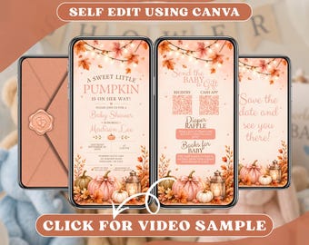 Pink Pumpkin Baby Shower Invitation Digital, Girl Fall Autumn Party Online Invite, Animated Mobile Video Evite, Editable Canva Template