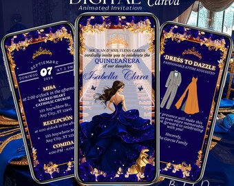 Navy Blue and Gold Quinceanera Invitation Digital, Animated Mis XV Template 15 Years Old Birthday Video Mis Quince Anos Evite, Save the Date