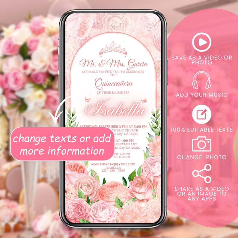 Blush Pink Quinceanera Invitation Digital, Animated Mis XV Template, 15 ...