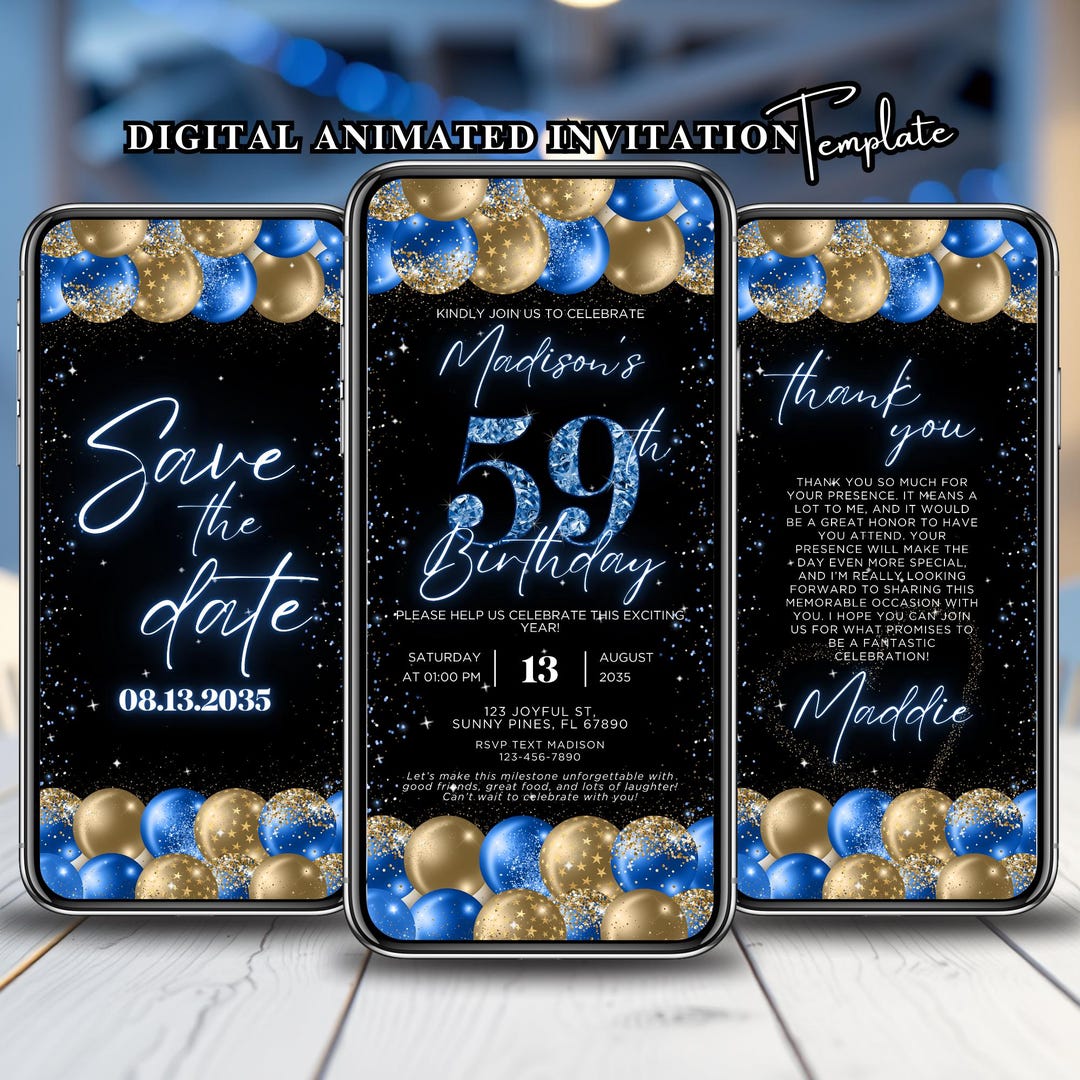 59th Birthday Invite, Royal Blue and Gold Birthday Invitation, Digital ...