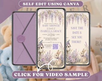 Lavender Baby Shower Invitation, Floral Bunny Party Invite, Purple Vintage Cottagecore, Mobile Video, Animated Digital Evite, Online Card