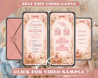 Pink Pumpkin Carriage Baby Shower Invitation Digital, Floral Bunny Princess Theme, Fairytale Baby Girl Invite, Animated Mobile Video Evite
