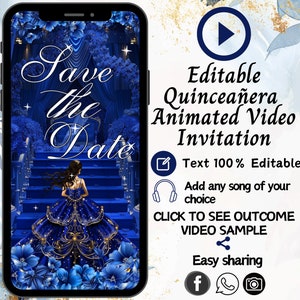 Invito Quinceanera blu reale, XV invito video, invito Quinceanera animato, 15 anni, inviti digitali Quinceanera, invito Quinceanera