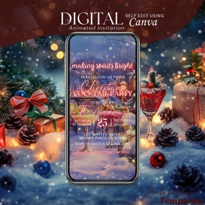 Cocktail Christmas Party Digital Invitation, Animated Xmas Holiday Video Evite, Making Spirits Bright Mobile Invite Self Editable Template