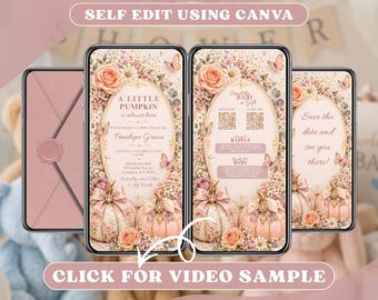 Blush Pink Little Pumpkin Baby Shower Invitation Digital, Floral Fall Butterfly Autumn Party Online Invite, Animated Mobile Video Evite