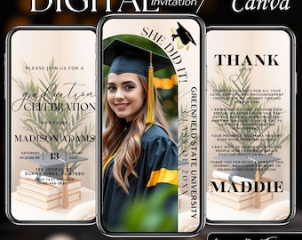 May include: A digital graduation invitation with a green and gold leafy design. The invitation features a photo of a graduate in a cap and gown, the text "She Did It!" and the text "Class of 20XX". The invitation also includes the text "Greenfield State University".
