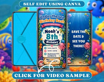 Digitale uitnodiging voor een verjaardagsfeest met onderwaterthema: video met geanimeerde schildpadden, zwembadfeest, zomerse oceaan- en koraalrif-thema voor kinderen.