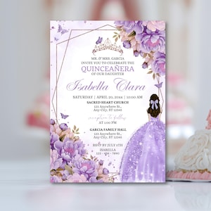Modèle d'invitation de Quinceanera lavande numérique violet Mis Quince Años Invite Sweet 15 ans Invitations de Quinceañera lilas