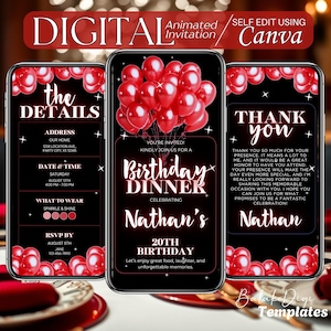 Invito digitale per cena di compleanno in nero e rosso: elegante invito video animato per brunch party, modello di itinerario di invito online di lusso per dispositivi mobili