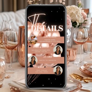 May include: A smartphone displays an event invitation with the text "The Details." The invitation includes event details: location, time, attire, and RSVP information. The background features balloons and a table setting with glasses and floral arrangements.