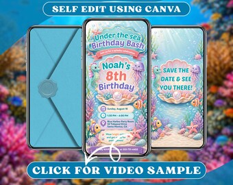 Digitale uitnodiging voor een verjaardagsfeest met onderwaterthema: video met geanimeerde schildpadden, zwembadfeest, zomerse oceaan- en koraalrif-thema voor kinderen.