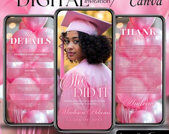Pink Graduation Invites College Digital Download, Video Evite, Congrats Grad, Animated Grad Party Invitation, Canva Templates, Save the Date