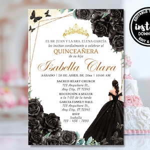 Black and Gold Floral Quinceanera Invitation Digital Mis Quince Años Sweet 15 Years Birthday Editable Invites Invitaciones de Quinceañera