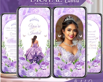 Lavendel Quinceanera Einladung Digital, Animierte Mis XV Anos, Lila 15. Geburtstag Einladungsvorlage, Lila Quince Video, Speichern Sie das Datum Evite