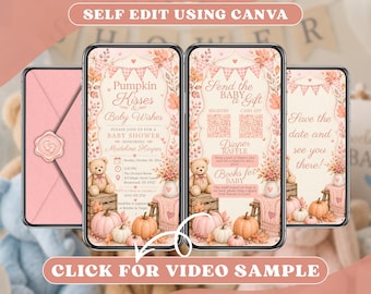 Pink Pumpkin Baby Shower Invitation Digital, Girl Fall Autumn Party Online Invite, Animated Mobile Video Evite, Editable Canva Template