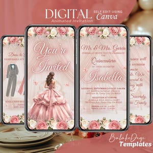 Blush Pink Quinceanera Einladung Digital, Animierte Mis XV Anos, 15. Geburtstag Einladen Vorlage, Schmetterling Quitte Video, Speichern Sie das Datum Evite