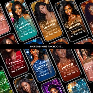 May include: A collection of smartphone-shaped invitations for a birthday dinner. Each invitation features a portrait of a woman and the text "Birthday Dinner" and "Madison's 30th Birthday". The invitations have various color schemes.