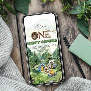 One Happy Camper First Birthday Invitation: Woodland Theme (Digital Invite)
