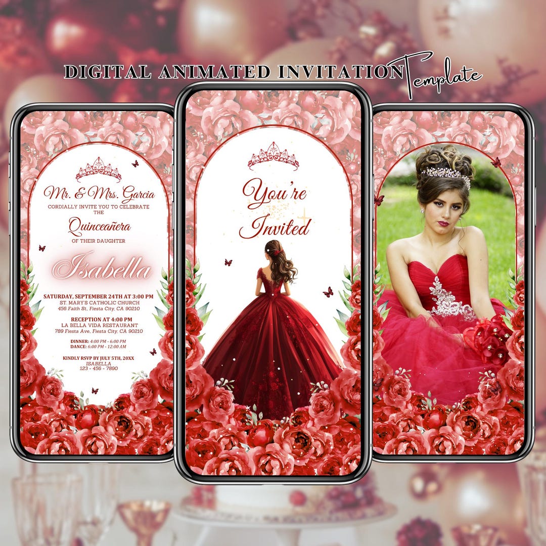 Red Quinceanera Invitation, XV Video Invite, Animated Quinceanera ...