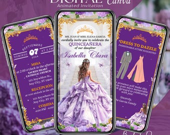 Lila Quinceanera Einladung Digital: Animierte Mis XV Anos, 15. Geburtstag Einladungsvorlage, Lavendel Quitte Video, Lila Save the Date Evite