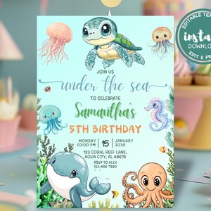 Invitación de cumpleaños bajo el mar, editable, plantilla, temática oceánica, para niños, género neutro, bajo el agua, náutico, tarjeta, imprimible