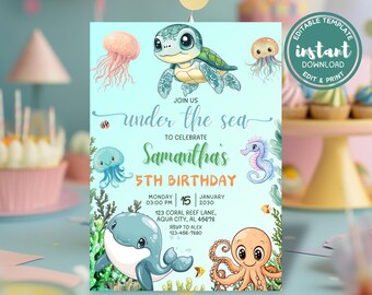 Under the Sea Birthday Invitation, Digital Sea Turtle Birthday Canva Template, Editable Ocean Birthday Theme Invite, Printable Birthday Card