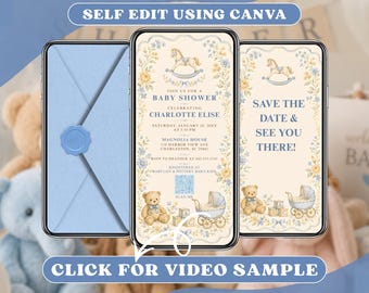 Blue Baby Shower Invitation, Floral Teddy Bear Party Invite, Vintage Pram Rocking Horse, Mobile Video, Animated Digital Evite, Online Card