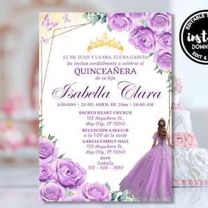 Invitación Quinceañera, Invitaciones Quinceañera Púrpura Español, Invitación Quinceañera Lila, Invitación Mis Quince Años XV, 15 Años Bday