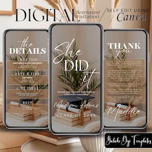 Op de afbeelding: Een digitale uitnodiging voor een afstuderen met een bruine, witte en gouden kleurstelling. De uitnodiging bevat een afstudeerhoed, een diploma en boeken. De tekst op de uitnodiging luidt "She Did It" en "Madison Adams, Klas van 20XX".