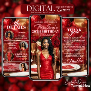 Può includere: Un invito digitale per una cena di compleanno per il 20° anniversario. L'invito presenta uno sfondo rosso con accenti dorati e una foto della festeggiata in un abito rosso. Il testo sull'invito recita "Unisciti a noi per celebrare la cena di compleanno per il 20° anniversario di Madison".
