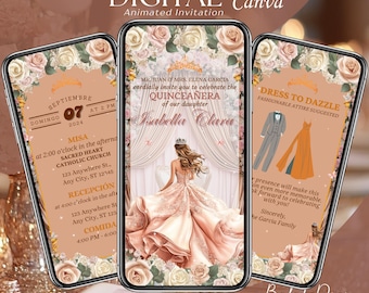 Blush Pink Quinceanera Invitation Digital, Animated Mis XV Anos, Rose Gold 15th Birthday Invite, Quince Video, Canva Save the Date Evite