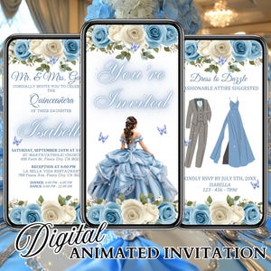 Invito Quinceanera, Invito modificabile Baby Blue Mis Quince Años XV, Festa di compleanno digitale per i 15 anni, Video animato, Floreale, Testo