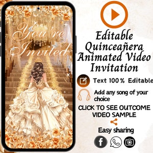 Beige Quinceañera Animated Video Invitation: Editable Champagne Design (Digital Download)