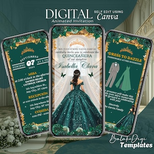 Grüne Quinceanera Einladung Digital, Animierte Mis XV Anos, 15. Geburtstag Einladen Vorlage, Schmetterling Quitte Video, Canva Speichern Sie das Datum Evite