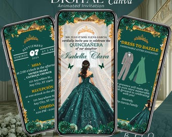 Green Quinceanera Invitation Digital, Animated Mis XV Anos, 15th Birthday Invite Template, Butterfly Quince Video, Canva Save the Date Evite